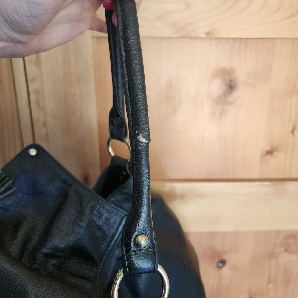 Onna Ehrlich Black Pebbled Leather Tassel Hobo Shoulder‎ Bag Purse Quiet Luxury